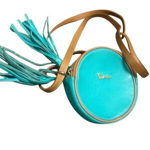 Valentina tiny Turquoise and Tan Round Crossbody Bag vintage great condition